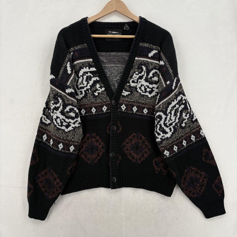 Vintage Expressions Cardigan Sweater Mens Medium Black Geometric 90s Grandpa